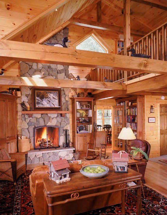 main living area of custom log home with fireplace and cathedral ceiling, cape cod design, humidity levels, Timberhaven Log Homes, log homes, log cabin homes, log cabins, post and beam homes, timberframe homes, timber frame homes, laminated logs, engineered logs, floor plan designs, kiln dried logs