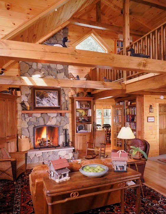 log cabin interior fireplace