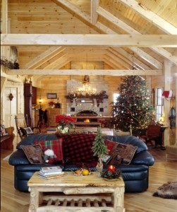 christmas decorations in great room with cathedral ceiling, merry christmas, log homes, log cabin homes, log cabins, post and beam homes, timberframe homes, timber frame homes, laminated logs, engineered logs, floor plan designs, kiln dried logs, Timberhaven local reps, log homes in Pennsylvania, log homes in PA, Timberhaven Log Homes, Timberhaven Log & Timber Homes