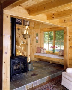 Window Seat In A Log Home, log home, log home living, custom features, white pine, Timberhaven