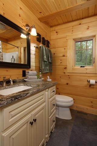 log cabin bathroom homes bathrooms rustic pine tongue timber decor country chic timberhavenloghomes walls groove bedrooms timberhaven tour straightforward layout