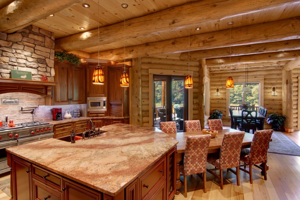 log flooring kitchens dining kitchen island cabin homes timber beams rhode installation timberhavenloghomes arranged thoughtfully