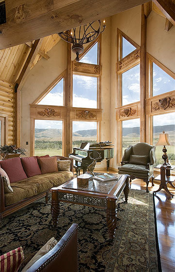 Elegant Log Home Great Room with Carved Wood Inlays