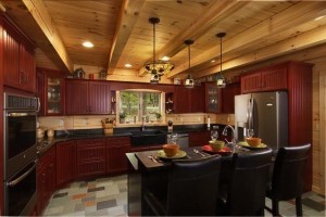 kitchen with red cabinets and trendy tiles, log homes, timber frame homes, Timberhaven, tiles for custom homes