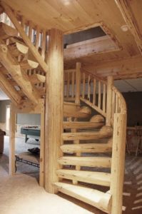 handcrafted spiral stair systems, Half log handcrafted stair systems, custom stairs in log home, stair systems, wooden stair systems, custom stair systems, custom stairs, wooden stairs, Timberhaven stair options