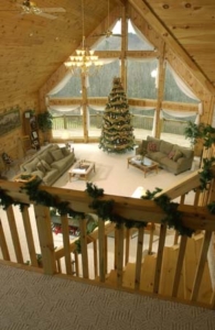 christmas wish, cathedral ceiling great room, holiday themed log home, log homes, log cabins, log cabin homes, Merry Christmas