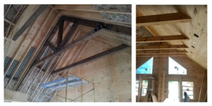 wood trusses and ceiling, log homes, log cabin home, new model home, local TN rep, under construction, weathertight log home