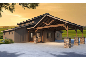 Rear Rendering of the Willow Grove II Barndominium, Willow Grove, Willow Grove II, Barndominium, Timberhaven, Timber Frame Pavilion, Timber Frame Carport