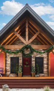 Timber Frame Home Porch decorated for Christmas, Timberhaven, Timber Frame Porch, Timber Frame Home