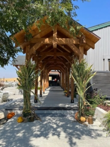 Timber Frame Walkway, Barn at Wheatland Hills, Timberhaven, custom design project, timber frame wedding venue, timber frame special events venue