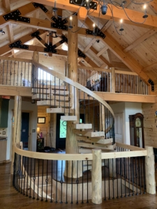 Spiral Stair System in Great Room, Custom Log Home, Timberhaven, Experience Luxury Living, Log Home